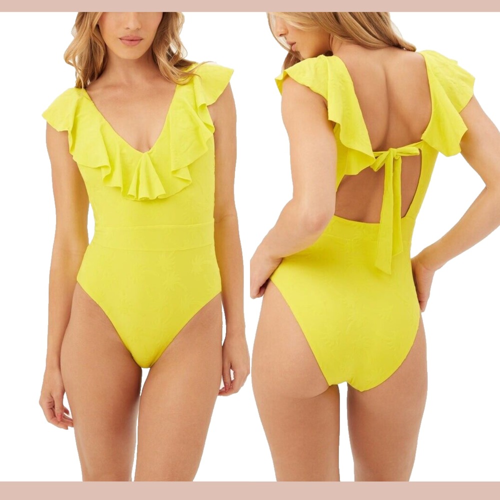 NWT Trina Turk [ 8 ] Sway Ruffle Plunge One‎ Piece Swimsuit Lemongrass T1960